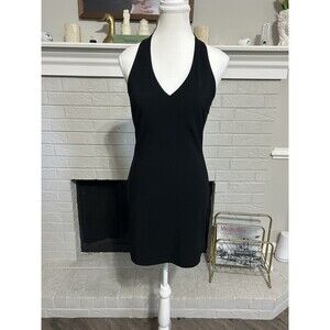 Vtg Y2K Sleeveless Womens Medium Halter Dress Bodycon Plain Little Black Dress